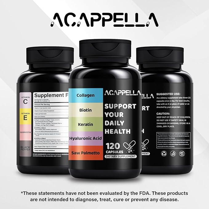 ACAPPELLA Keratin Saw Palmetto with Hyaluronic Acid Capsules DHT Blocker Vitamins Folic Acid Collagen Supplements for Women and Men Biotin Capsules