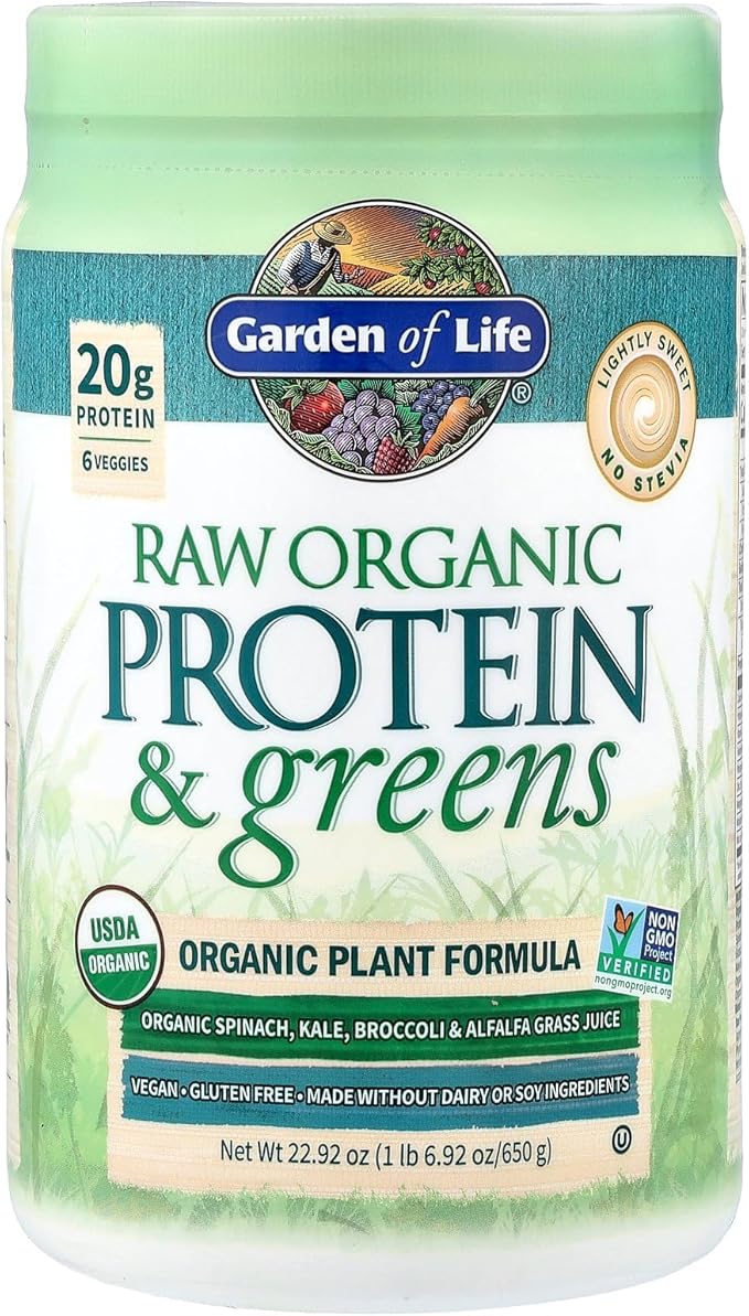Garden of Life Raw Organic Protein &amp Greens Lightly Sweet Vegan Protein Powder for Women and Men Plant and Pea Protein Greens Probiotics Gluten Free Low Carb Shake Made Without Dairy 20 Servi