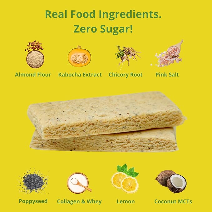 BochaSweet Keto Protein Bar Lemon Poppyseed BochaBar 17g Grass Fed Collagen Low Carb Keto-Friendly Gluten Free 4 Count