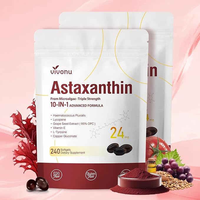 10 in 1 Astaxanthin Supplements 24mg 8 Month Supply Astaxantina Antioxidant from Haematococcus Pluvialis Contains Lycopene Grape Seed Vitamin E &amp More Supports Eye Joints Skin Health 2 Ba
