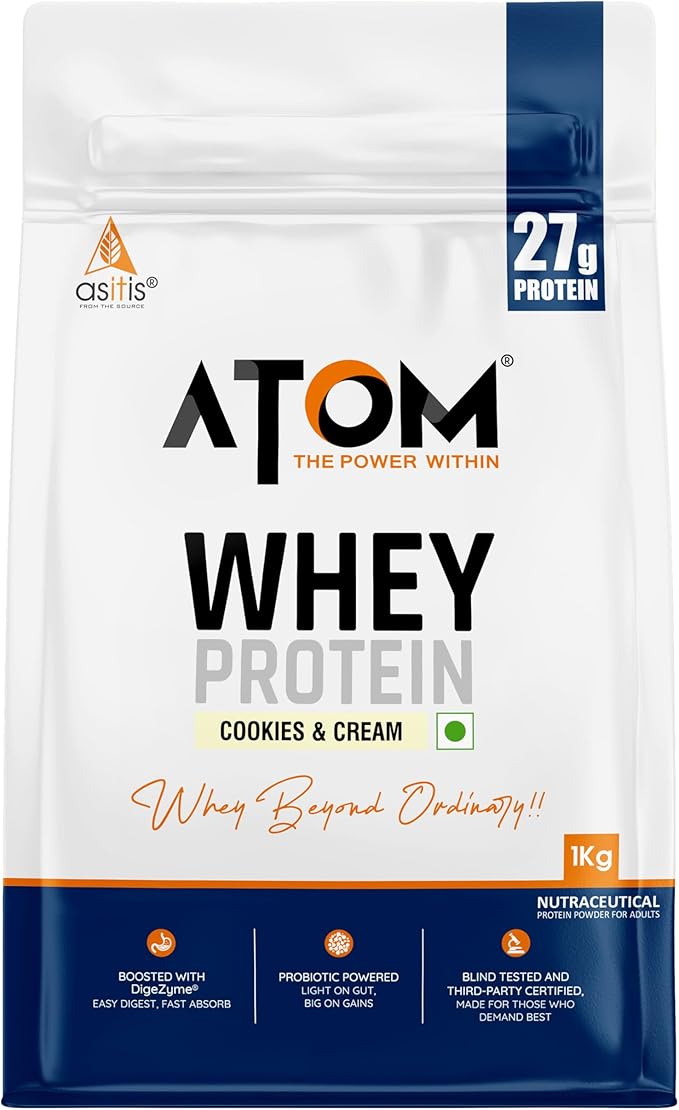 AS-IT-IS Atom Whey Protein 1kg/35.2 Oz With Digestive Enzymes | Usa Labdoor Certified for Accuracy &amp Purity | Cookies and Cream Flavor | 27g Protein | 5.7g Bcaaâ