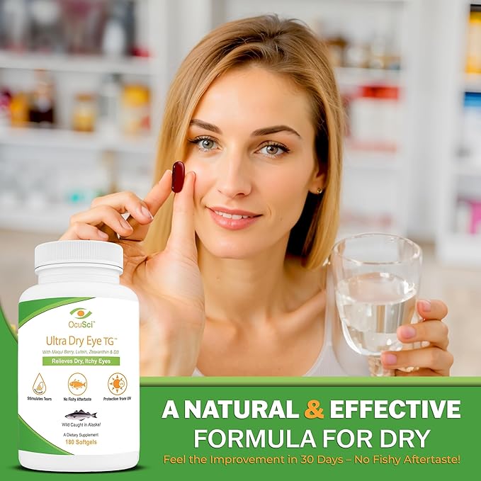 Formulated to Help Relieve Dry Itchy Eyes - 1700mg Triglyceride Omega-3 + EPA &amp DHA LuteinZeaxanthin B12 D3-60 Servings (Ultra Dry Eye UDETG - 2 Month)