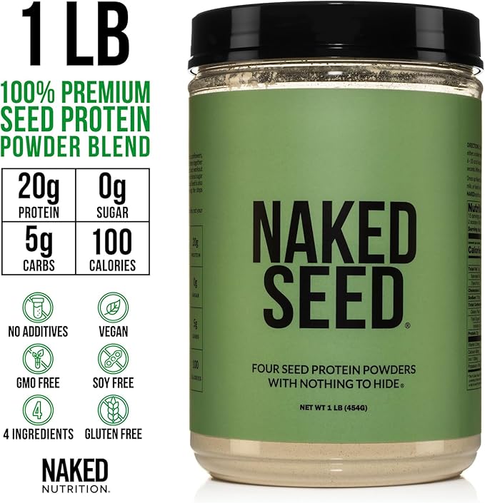 Naked Seed - 4 Seed Protein Powder Only 4 Ingredients - Chia Watermelon Sunflower and Pumpkin Seed - Gluten-Free Soy Free Vegan No Gmos No Artificial Sweeteners - 15 Servings