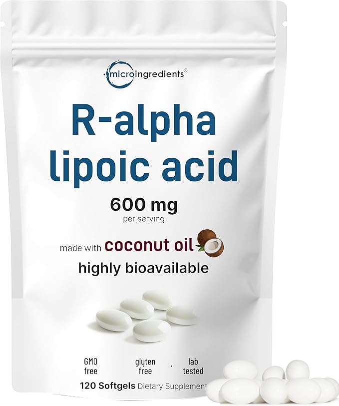R Alpha Lipoic Acid 600mg with Coconut Oil 120 Softgels | Highly Bioavailable Active Form | ALA Supplement for Antioxidants Nerve Heart &amp Liver Support | Non-GMO Gluten Free No Soy