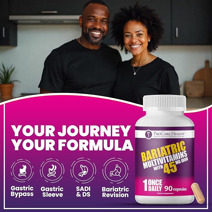 ProCare Health Bariatric Multivitamin 45mg Iron – Once Daily Capsule for Gastric Bypass Sleeve &amp Post-Op Support – 90 Easy-to-Swallow Capsules 3-Month Supply No Artificial Colors Gluten-Free
