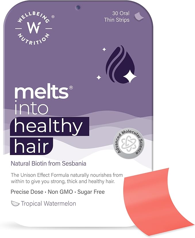 Wellbeing Nutrition Melts Healthy Hair (30 Oral Thin Strips) with Plant Based Biotin Zinc Bamboo Extract Folic acid for Hair Nourishment Strength and Thickness