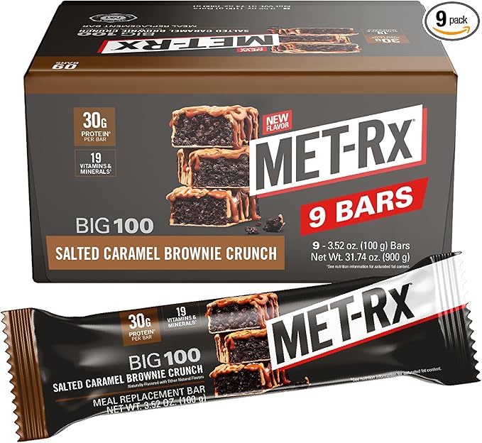 MET-Rx Big 100 Protein Bar Meal Replacement Bar 30G Protein Salted Caramel Brownie Crunch 9 Count 3.52 Oz.(Packaging may vary)
