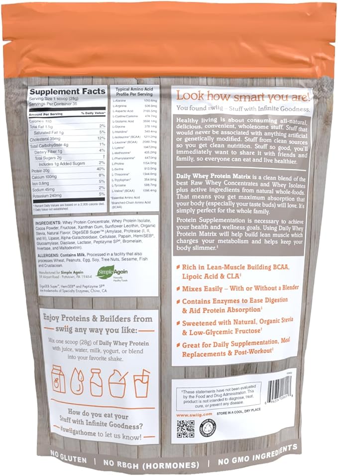 swiig Premium Daily Whey Matrix Chocolate 2.2lb – 20g Protein per Serving with Amino Acids for Muscle Recovery – Gluten-Free Non-GMO No Fillers No Artificial Flavors