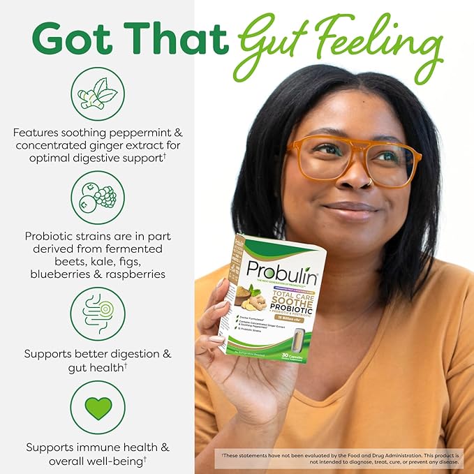Probulin Total Care Soothe Prebiotic Probiotic and Postbiotic + Ginger &amp Mint for Digestive Soothing - 15 Billion CFU - 15 Strains - 30 Vegan Capsules
