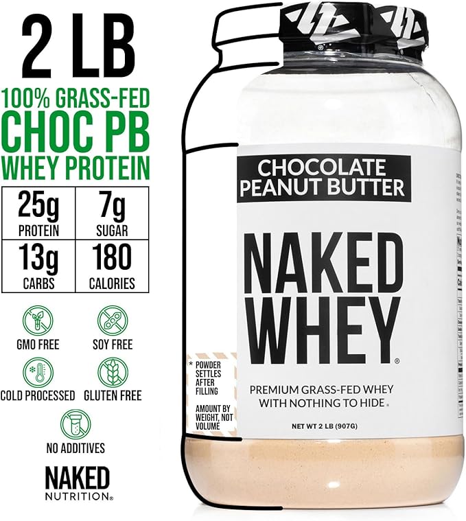 NAKED Whey Chocolate Peanut Butter Protein Powder (21 Servings) + Collagen Peptides Protein Powder 20oz (60 Servings) – Grass-Fed Non-GMO Gluten Free Soy Free