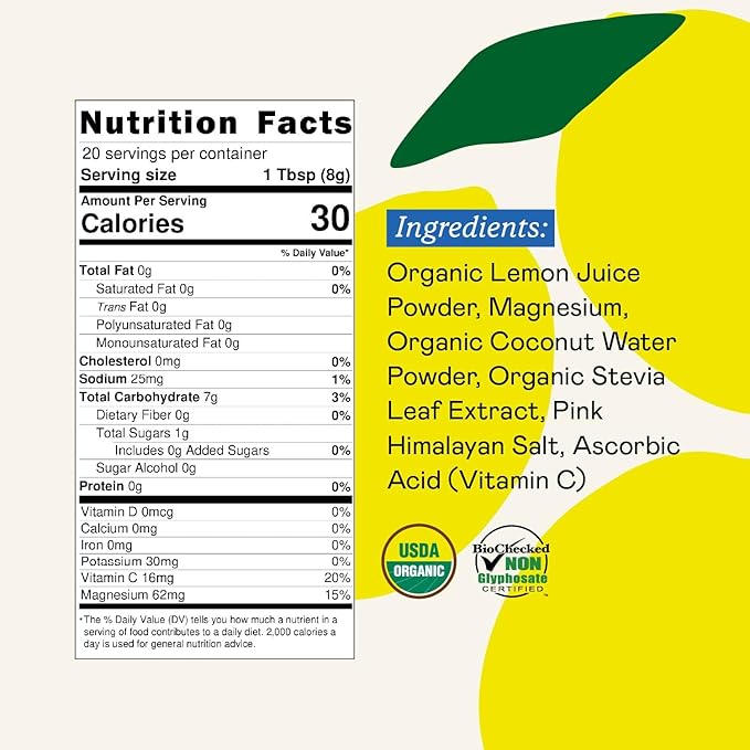 GOODONYA Organic Hydration Electrolyte Drink Mix Certified Organic Hydration Powder Non-GMO Biochecked Glyphosate Free Low Sugar Lemonade Flavor No Artificial Flavors 20 Servings