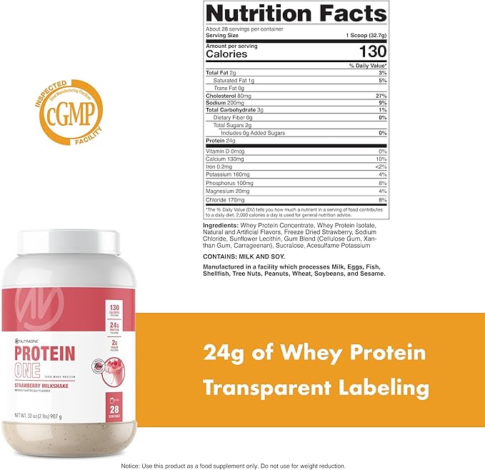 NutraOne ProteinOne Whey Protein Promote Recovery and Build Muscle with a Protein Shake Powder for Men &amp Women (Strawberry Milkshake 2 LB)