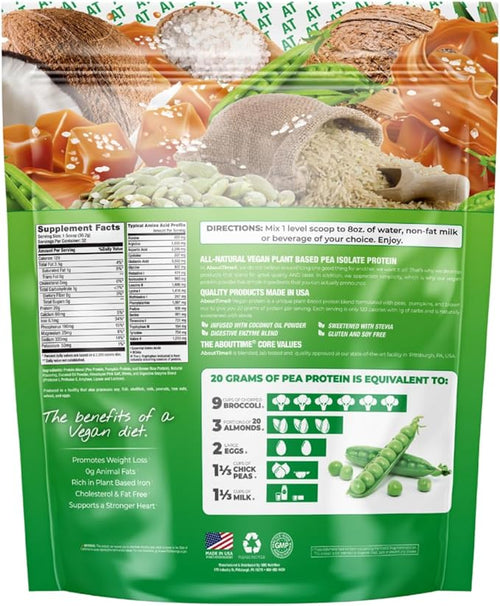 About Time Vegan Protein Powder 20g Salted Caramel Natural Ingredients Non-GMO Plant Based Gluten Free Soy Free Dairy Free 32 Servings