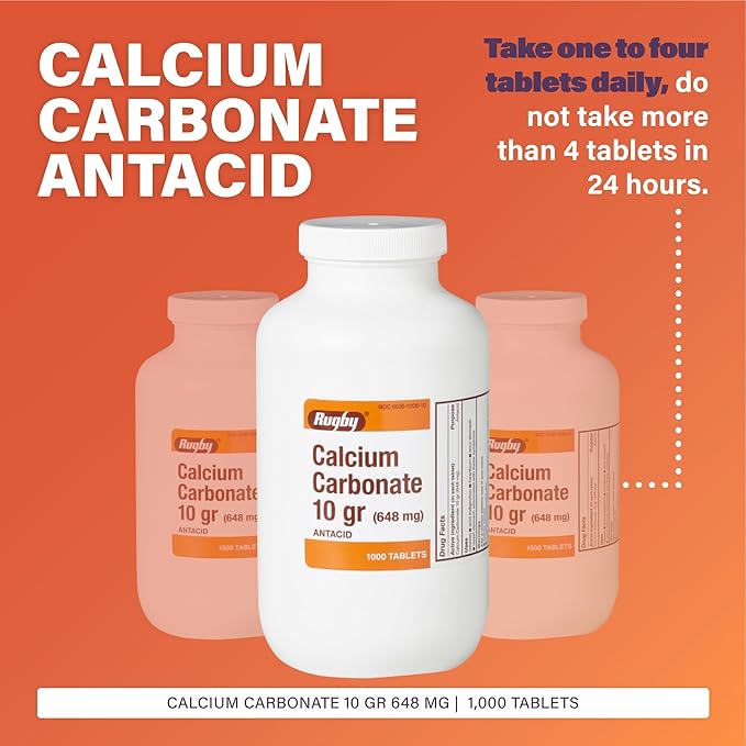 Rugby Calcium Carbonate 10 gr (648 mg) - Antacid - 1000 Tablets (1 Pack)