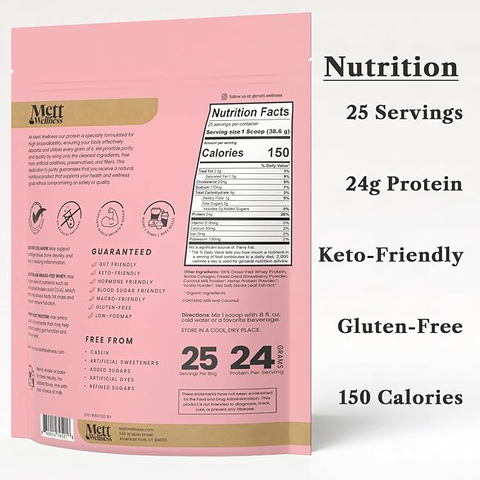 Strawberries &amp Cream Grass-Fed Whey + Hemp Heart Protein Powder with Bovine Collagen | 24g Protein per Serving | Supports Digestion &amp Daily Wellness | 1.5 lbs (25 Servings)