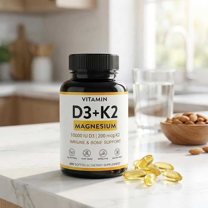 Vitamin D3 K2 Magnesium - Vitamin D3 10000 iu &amp K2（MK-7） 200 mcg+Magnesium Glycinate Supplement - Immune &amp Mood Support for Bone Sugar-Free Softgels 300 Softgels