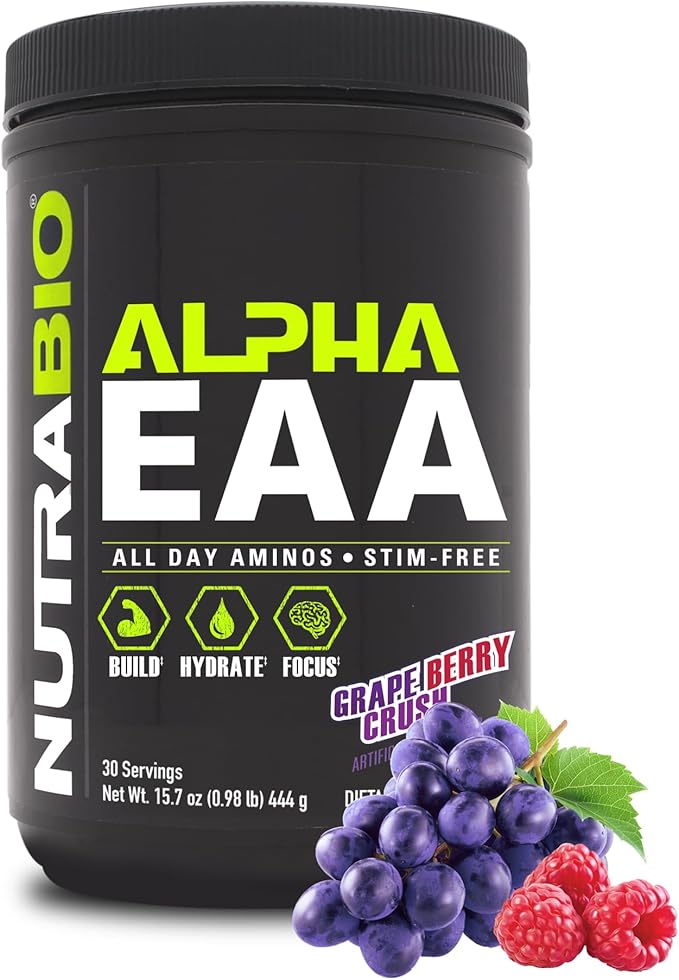 NutraBio Alpha EAA - All-Day Amino Acids for Muscle Growth and Hydration - Essential Amino Acids with Nootropics &amp Adaptogens- Full Spectrum EAA BCAA Powder - 30 Servings - Grape Berry Crush
