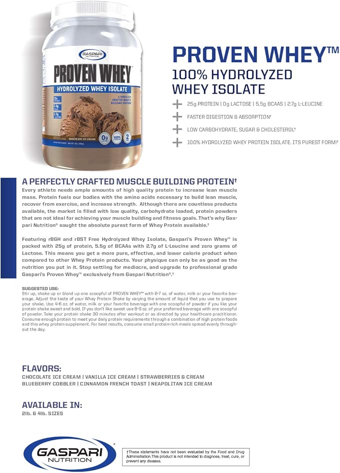 Gaspari Nutrition Proven Whey 100% Hydrolyzed Whey Isolate High Protein Lactose Free Low Carbohydrate and Low Sugar (4lb Chocolate Ice Cream)