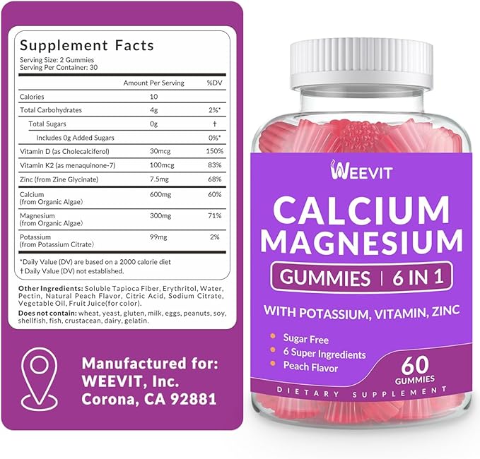 Sugar Free Calcium Gummies Supplement 600mg Calcium Magnesium Zinc Gummies with Vitamin D3 K2 Potassium High Absorption CA Gummy for Bone Teeth &amp Muscle