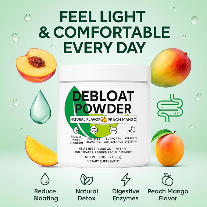 Debloat Powder for Supports Digestive Comfort &amp Bloating Relief Digestive Enzymes for Women &amp Men Rich in Vitamin C Dandelion Root Horsetail Extract Non GMO Peach Mango 200G / 7.05OZ
