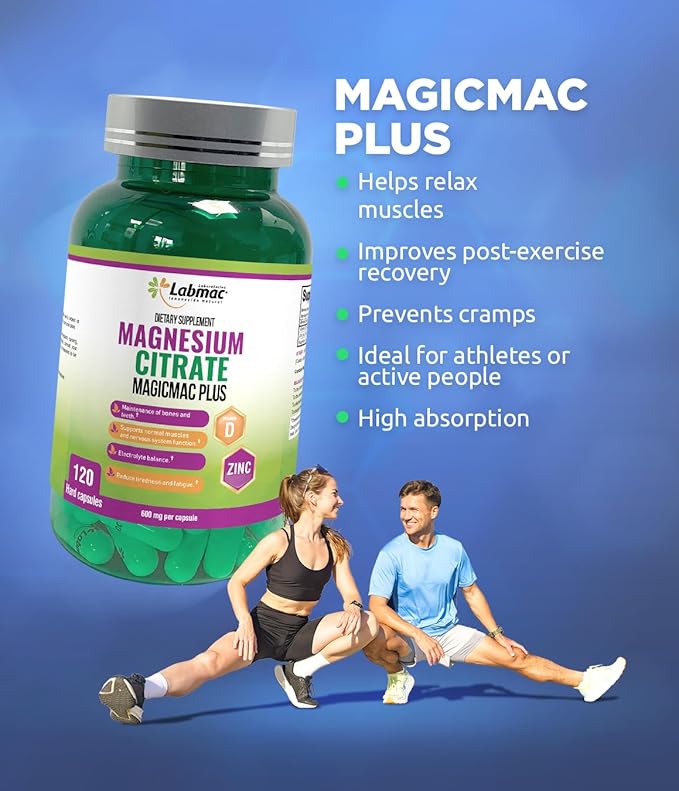 Magnesium Citrate 600mg 120 Capsules - 3-in-1 Magnesium Citrate Capsules with Vitamin D3 and Zinc Supplements - citrato de magnesio for Muscle Nerve Function Healthy Bones Teeth Fatigue/Tiredness