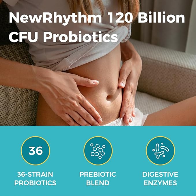 NewRhythm Probiotics 120 Billion CFU 36 Strains 3-in-1 Probiotics with Prebiotics &amp Enzymes Probioticos for Women &amp Men Vegan Targeted Release Supplement 60ct