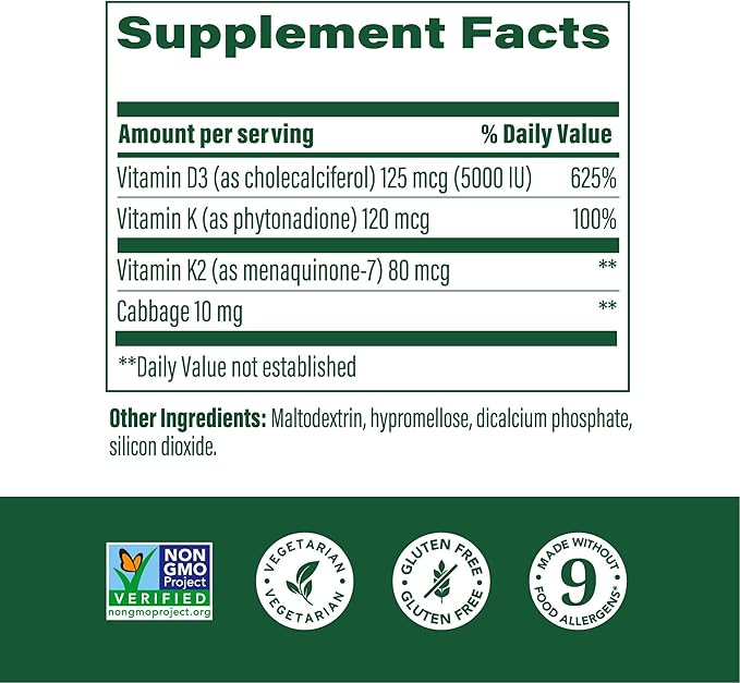 MegaFood Vitamin D3 5000 IU (125 mcg) - Vegetarian Supplements with Vitamin D3 K2 - Supports Bones Teeth Muscles &amp Immune Health - Certified Non-GMO - 60 Mini Capsules 60 Servings (Pack of 2)