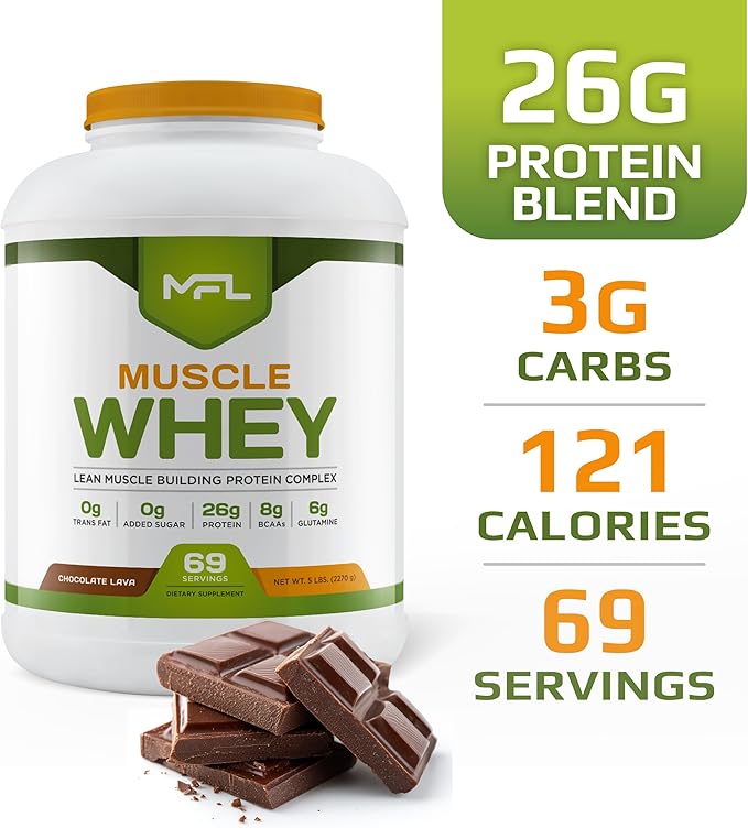 MFL Muscle Whey Protein 5 lbs l 26g of Protein l 8g BCAAs l 6g Glutamine l Low Carbs l 69 Servings (Chocolate Lava)