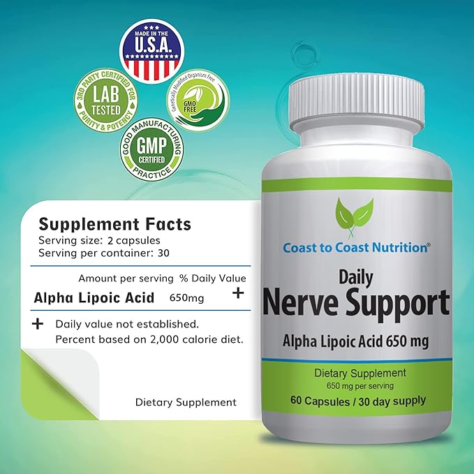 Nerve Support - Advanced Nerve Relief with Alpha Lipoic Acid 650 mg - Nerve Vitamins for Ease of Hands Legs and Foot Aches - 60 Capsules / 30 Day Supply