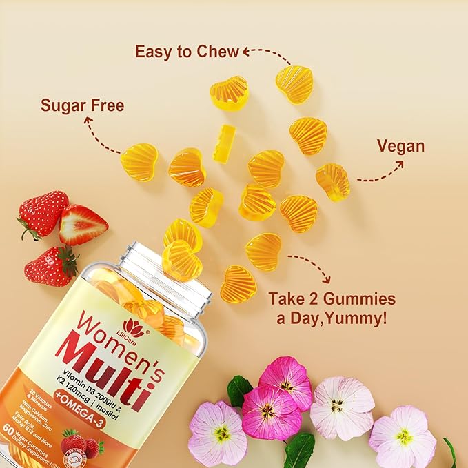 Womens Multivitamin Gummy with Omega 3（DHA/EPA) Vitamin D3 K2 Calcium Inositol Daily Womens Vitamin A C E B Complex L-MethylFolate Methyl B12Sugar Free Methylated Multivitamins Minerals 120Cts
