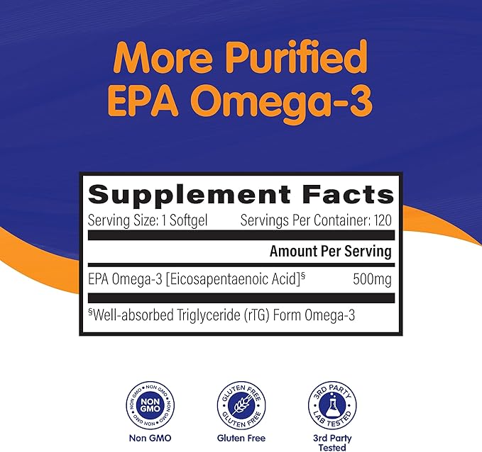 OmegaVia EPA 500 Purified Omega-3 Fish Oil Supplement 500 mg EPA in Triglyceride Form Burpless Fish Oil Non-GMO Gluten-Free IFOS 5-Star 120 Softgels (Pack of 2)