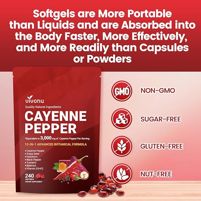 Cayenne Pepper Softgels Supplement with Vitamin E D3+K2 and Extracts of Turmeric Grape Seed Hawthorn Beetroot Berberine and Others Supports Leg Vein Heart and Blood Vessel Health (4 Pack)