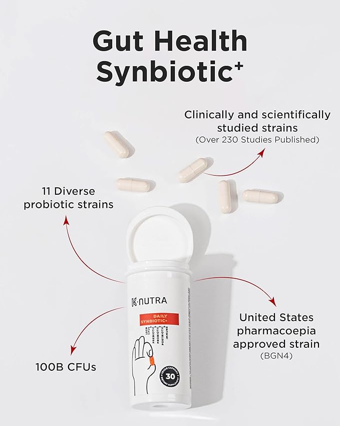 K-Nutra Daily Synbiotic+ | 30 Capsules | 4-in-1 Prebiotics Probiotics &amp Postbiotics | 100 Billion CFUs | Gut &amp Digestive Health Supplement for Women &amp Men