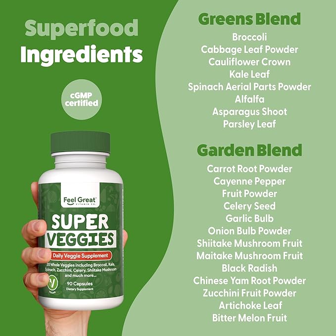 Feel Great Fruit and Vegetable Supplements | 20+ Super Reds &amp Greens for Natural Energy Support | Vegan Fruit and Veggie Vitamins | 2 Pack of 90 Count Each