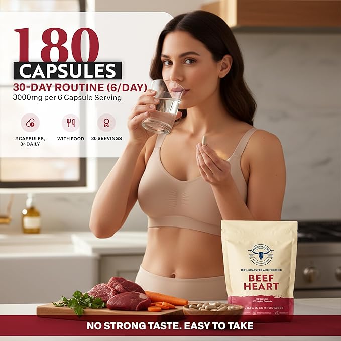100% Beef Heart Supplement - 180 Count Freeze Dried Grass Fed Beef Organs Supplement for Women &amp Men with Omega-3S &amp CoQ10 - Non-GMO No Fillers &amp No Additives - Real Food Sourced &amp