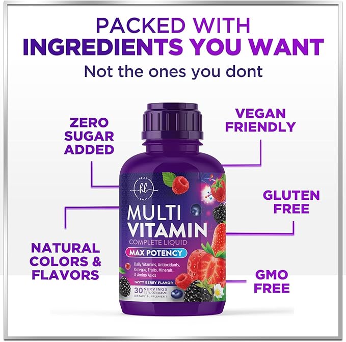 Liquid Multivitamin - Sugar Free Daily Multi Vitamin for Women Men &amp Kids Vitamins A C D B-12 Biotin &amp Zinc - Supports Faster Hair Growth &amp Skin Wrinkles Vegan Non-GMO Berry Flavo