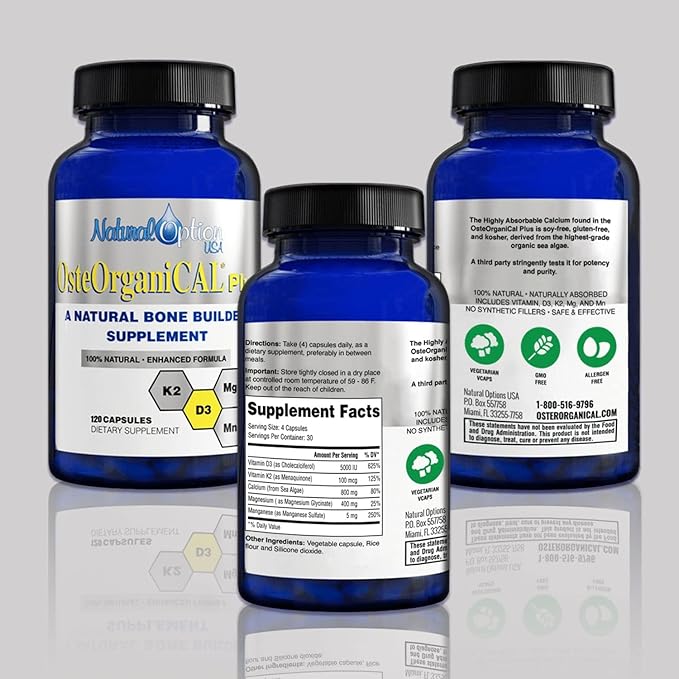 Plus - Organic Plant Base Source of Calcium Supplement with Vitamin D3 k2 Magnesium Glycinate and Manganese (360 Count) Pack of 3 Bottles