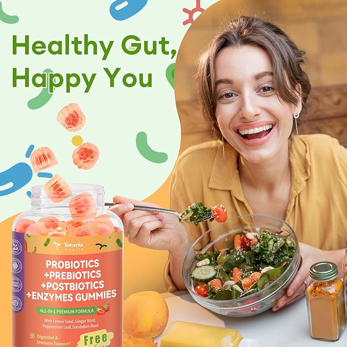 Totaria Sugar Free 5-in-1 Probiotic Prebiotic Postbiotic Gummy 36 Strains Probiotics for Women Men with Digestive Enzymes Peppermint Complete Immune Gut &amp Digestive Support Vegan 60 Counts