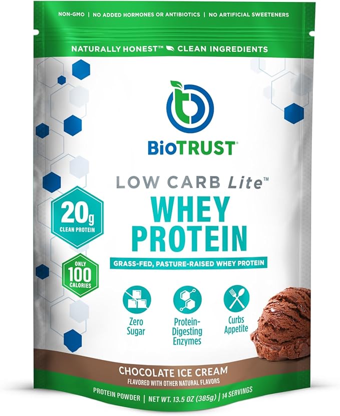 BioTrust Low Carb Lite 20 Grams of Grass-Fed Whey Protein Isolate 100 Calories ProHydrolase Digestive Enzymes Non-GMO Free from Soy and Gluten rBGH-Free (14 Servings) (Chocolate Ice Cream)