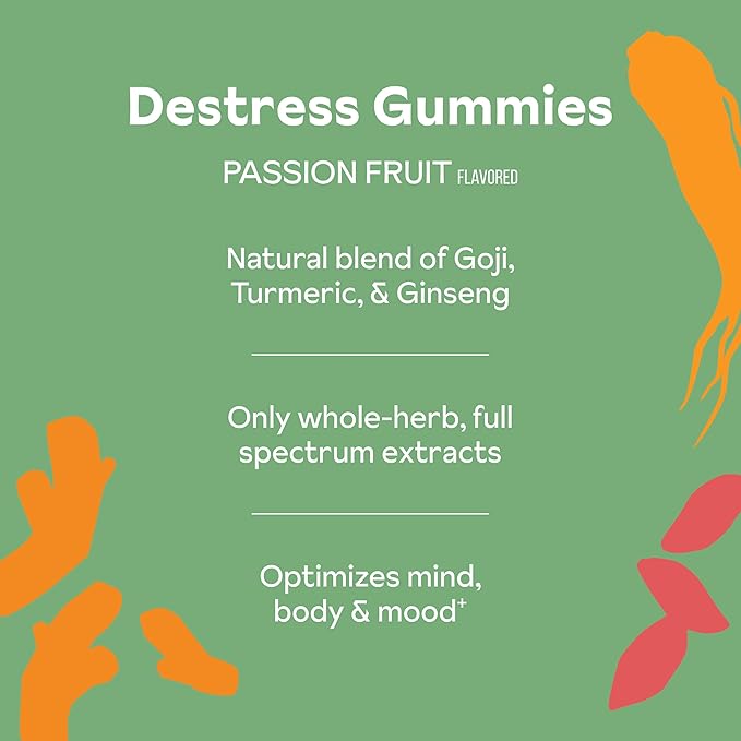 De-Stress Gummies with American Ginseng Turmeric and Goji - Assist with Stress Relief &amp Mood Boost All-Natural Relaxation Low-Sugar 45 Vegan Gummies Passion Fruit (Pack of 1)