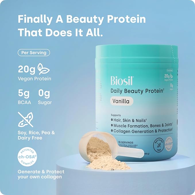 Biosil Daily Beauty Protein Vanilla - 17 oz - Vegan Protein + Collagen Powder for Strength Recovery Skin Hair Nails &amp Joints - Patented ch-OSA Generates Natural Production - 15 Servings