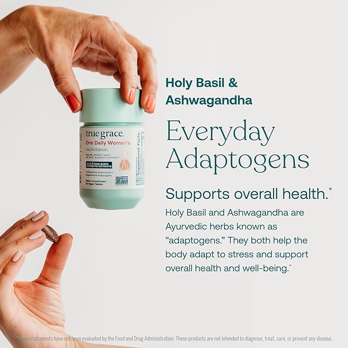 True Grace One Daily Women’s Multivitamin Fermented Minerals Organic Adaptogens &amp Mushrooms Whole Body Balance Immune Energy Beauty Support - Non-GMO Gluten Free Soy Free - 90 Vegan Tablets