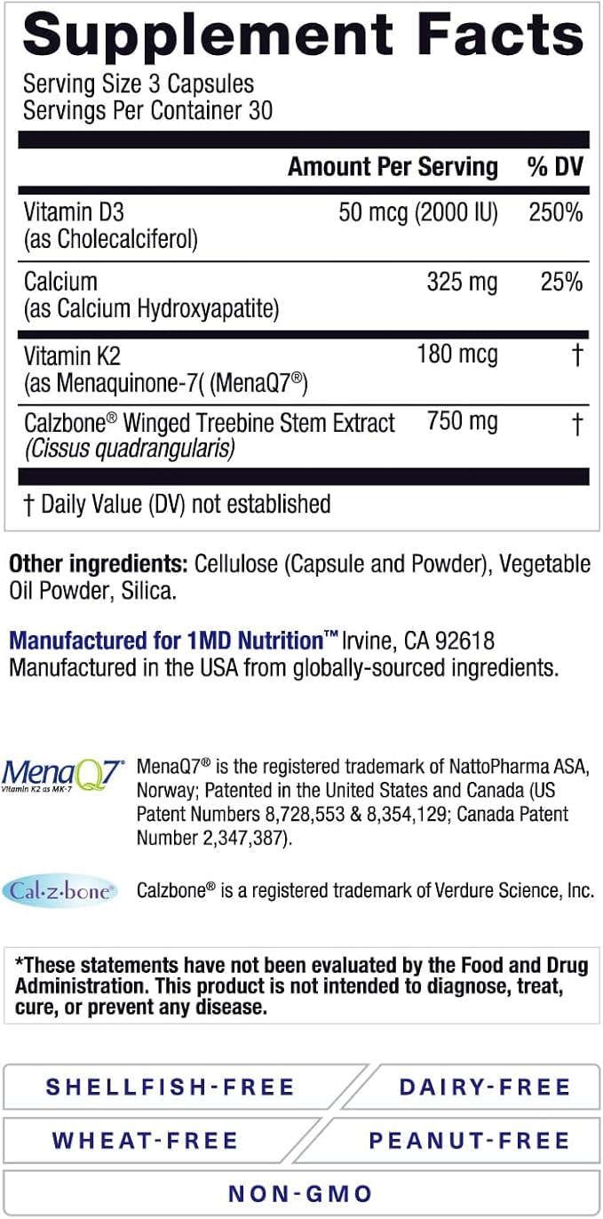 1MD Nutrition OsteoMD for Comprehensive Bone Support | with Calcium Hydroxyapatite Vitamin D3 &amp K2 | 180 Capsules (2-Pack)