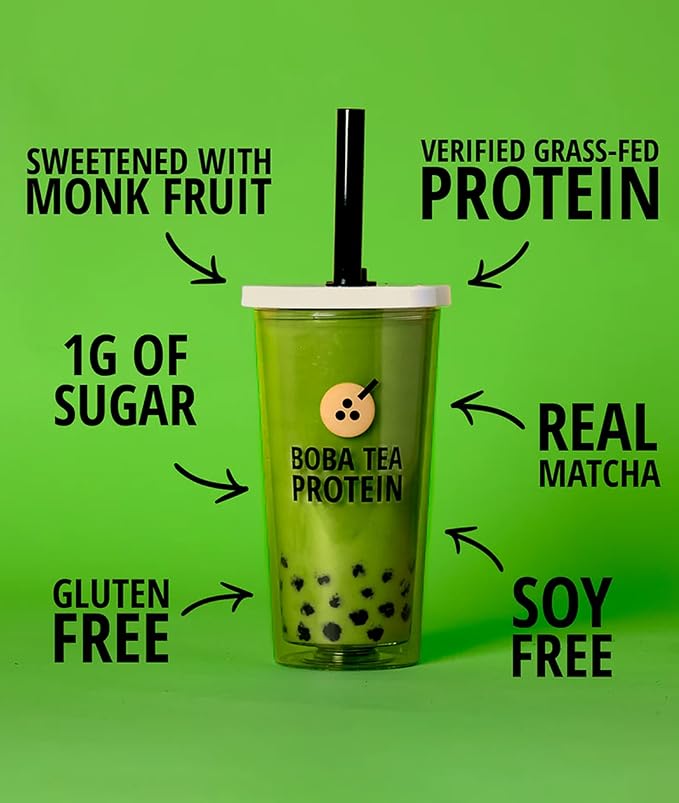 Boba Tea Protein Matcha Latte | 25g Grass-Fed Whey Protein Isolate Powder | Gluten-Free &amp Soy-Free Bubble Tea Protein Drink | Real Ingredients &amp Lactose-Free Protein Drink | 25 Servings