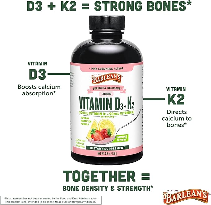 Barlean's Pack of 2 Vitamin D3+K2 Liquid Supplement for Kids and Adults 5000 IU Vitamin D Pink Lemonade Non-GMO Gluten and Dairy Free 5.6 oz Each