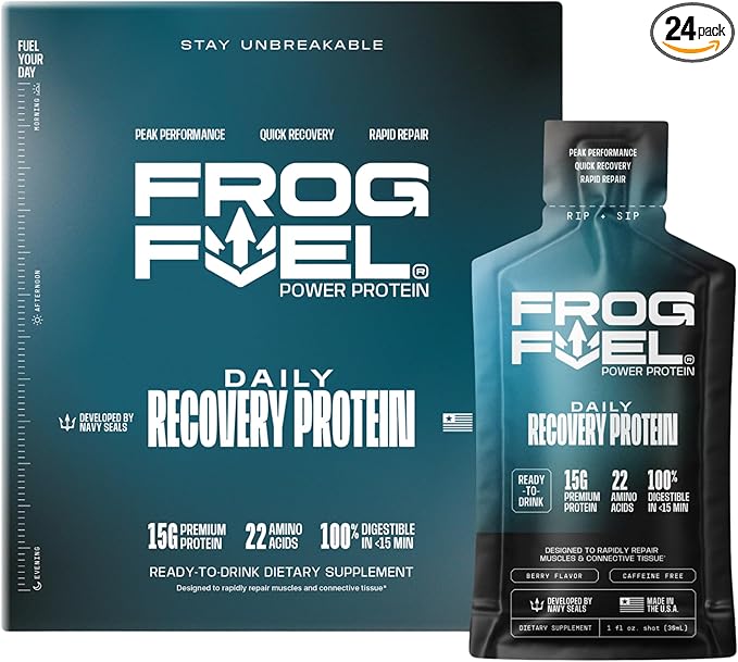 Frog Fuel Power Regular Protein Shot 15g Protein Nano-Hydrolyzed Grass Fed Collagen Post Workout Gluten Free Fat &amp Sugar Free 22 Amino Acids 0 Carbs Berry 1 oz Packets 24 Pack