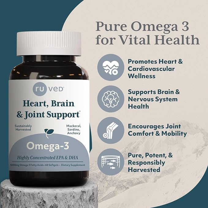 ruved Omega-3 - Omega 3 Fish Oil 1000mg Per Capsule EPA &amp DHA Fish Oil Supplement for Women &amp Men Heart Brain &amp Joint Support - 60 Softgel Capsules (1 Count)