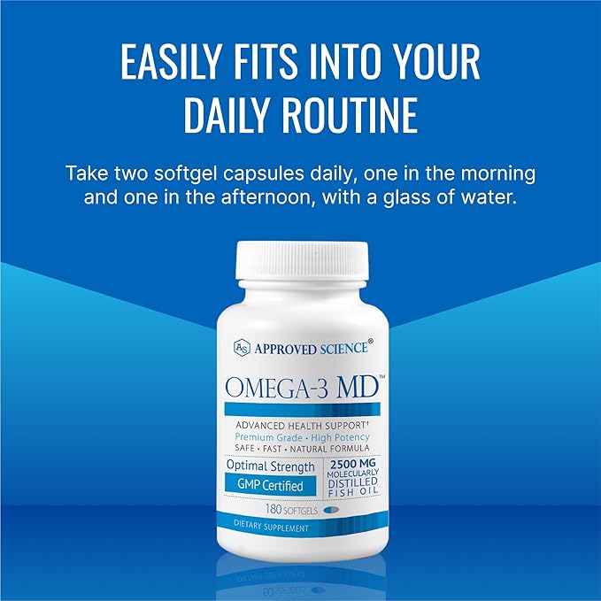 Omega-3 MD - EPA &amp DHA Supplement - 2500mg Omega 3 Fish Oil for Heart Health Brain Support Joint Comfort &amp Overall Wellness - 1 Bottle - 3 Month Supply