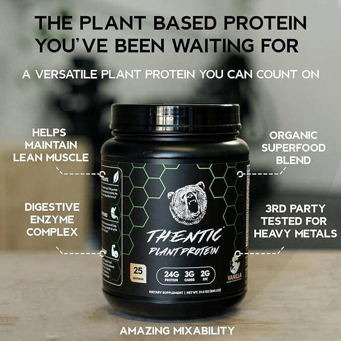 THENTIC Plant Based Protein Powder - Non Dairy Vegan Protein Zero Artificial Ingredients Soy&ampGluten FreeNo Added Sugar 5.8g BCAADigestive EnzymesOrganic Superfoods.25 Servings (Vanilla) 1.9