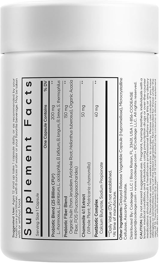 Codeage Teen Probiotic+ Supplement - 25 Billion CFU Probiotic Blend with Prebiotics Postbiotics &amp Chamomile - Gut &amp Digestion Support for Teens and Teenagers 12 &amp Up - Non-GMO- 30 Capsule